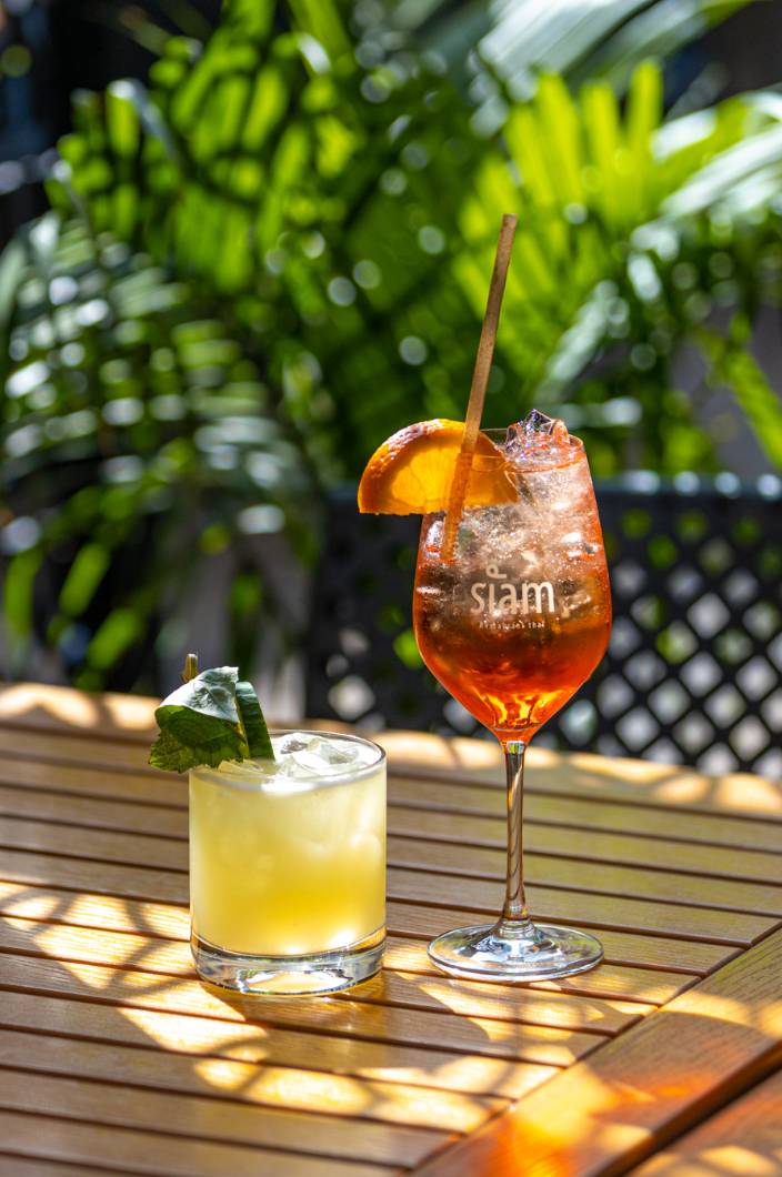 cocktails-terrasse-saint-jean.jpg Deux cocktails fruités et colorés sur la terrasse du Siam Saint-Jean-sur-Richelieu par une journée ensoleillée.