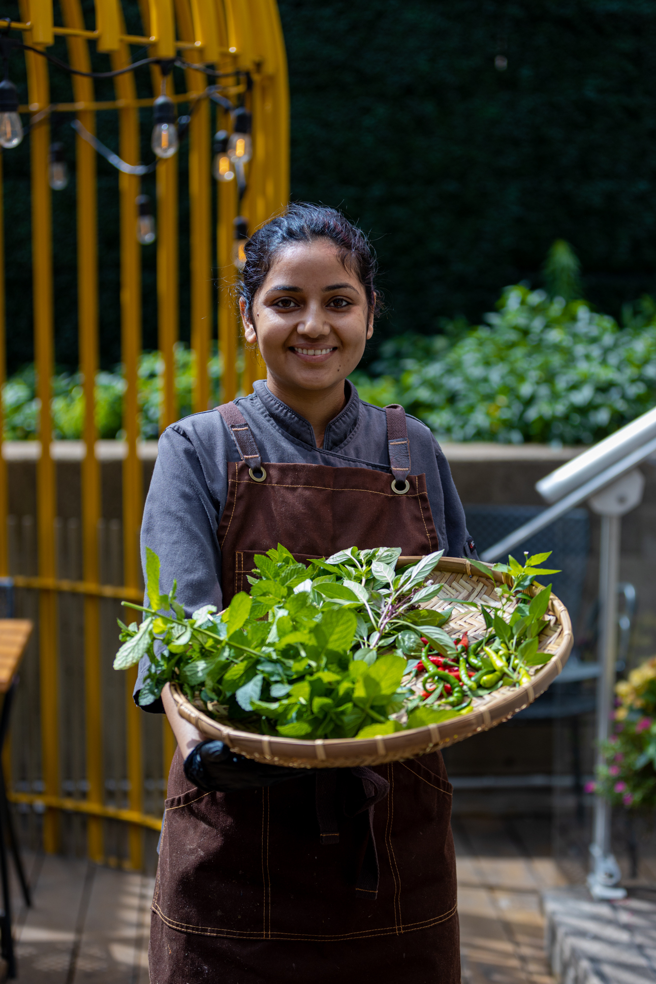 Une femme tient un panier avec de la verdure fraiche